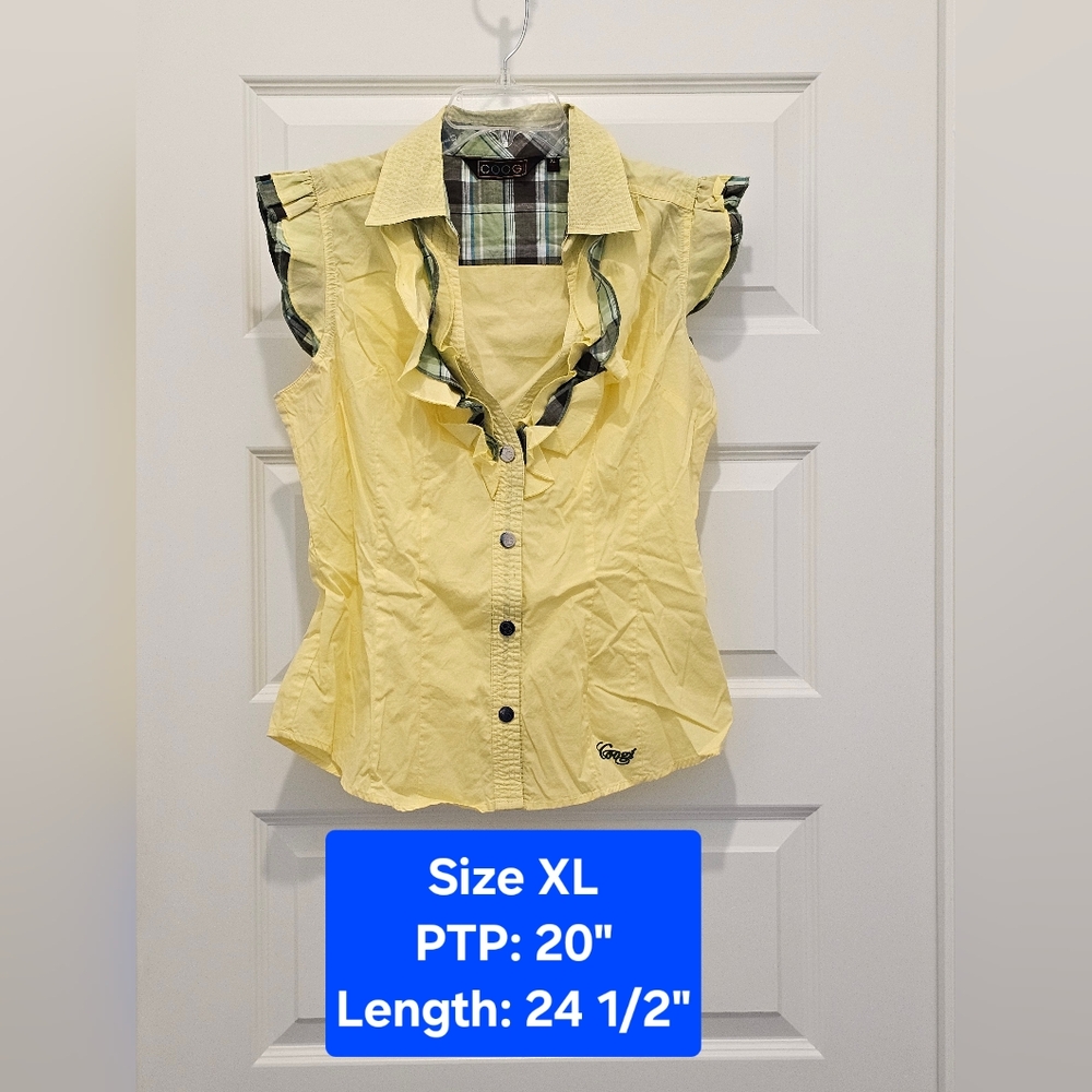 🌟 Vintage Y2K COOGI Yellow Plaid Ruffle Sleeveless Blouse XL